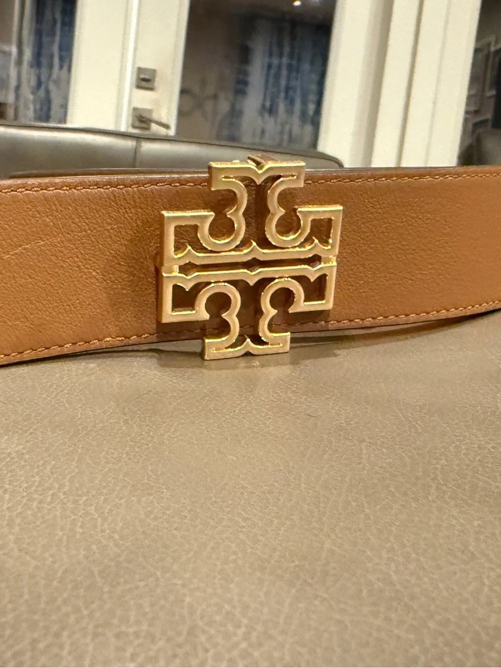 NWT Tory Burch Reversible Britten Leather Belt 1.5” XS Orange Citrine Moose Gold